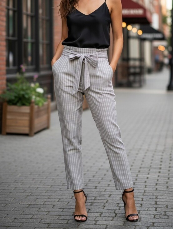 Ardene Pants - Ardene's White & Gray Striped Casual Pants | Women's Elastic Waist Pants